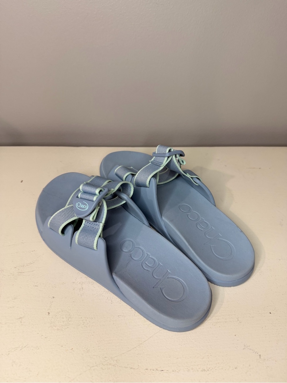 Chaco Light Blue Slide Sandals with Mint Accents